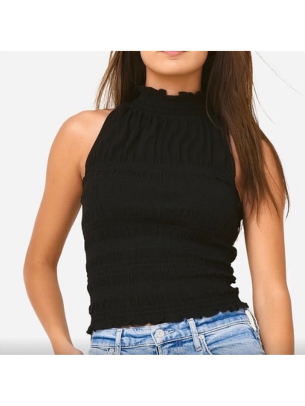 Frame Denim Black Smocked‎ High-Neck Top Size Small